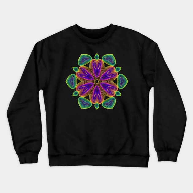 Lotus Kaleidoscope | Harmonograph Green Yellow Purple Black Crewneck Sweatshirt by aRtVerse